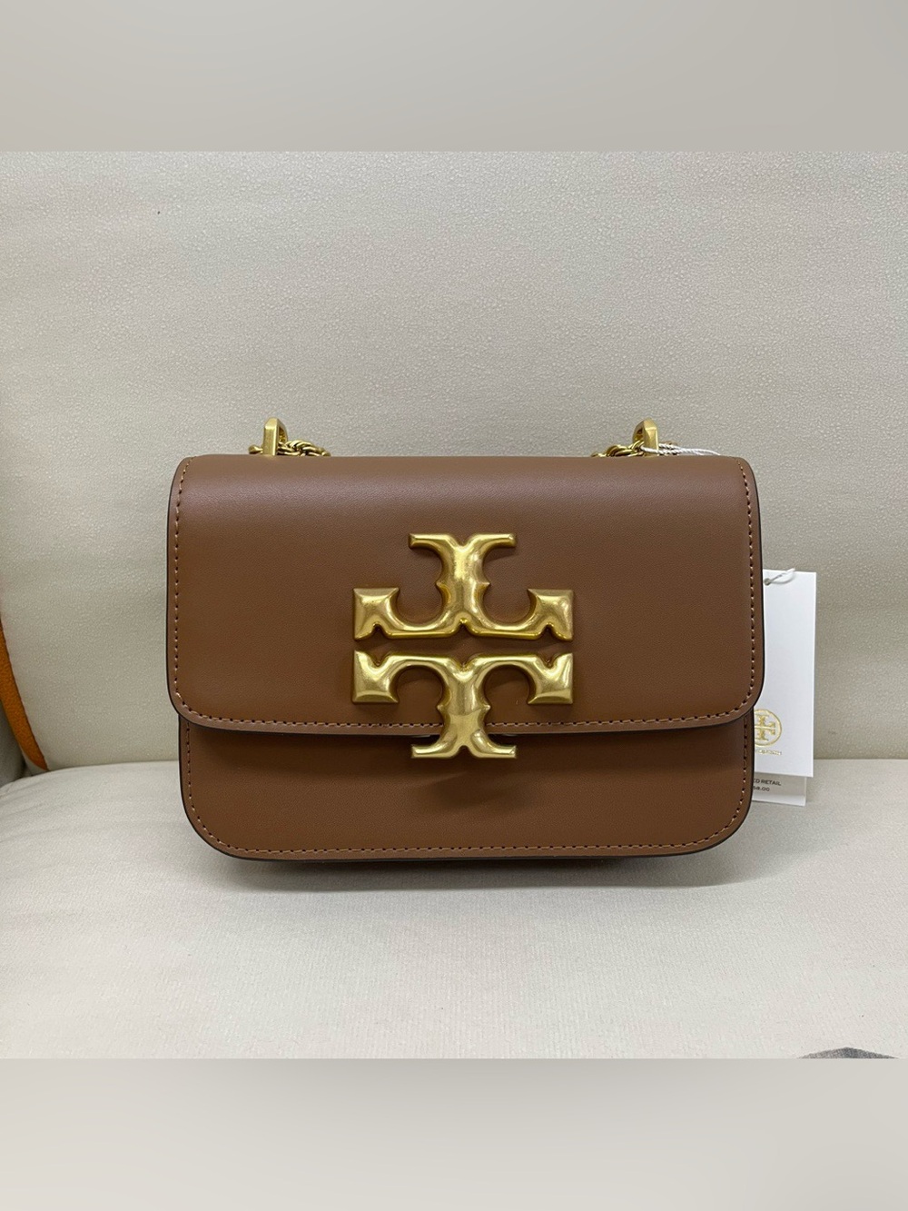 Tory Burch Brown Leather Gold‑Logo Chain Crossbody Bag
